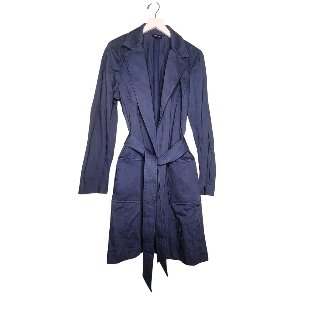Worth New York Women's Navy Blue Belted Trench Coat Jacket Pockets Preppy USA M
